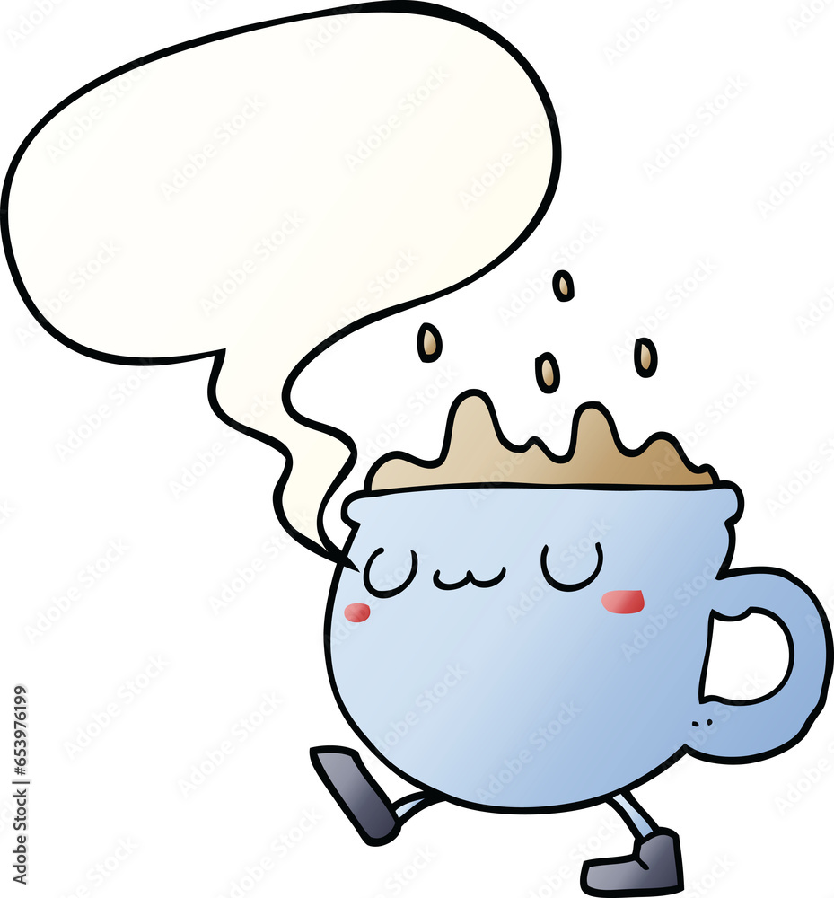cartoon coffee cup walking with speech bubble in smooth gradient style cartoon coffee cup walking with speech bubble in smooth gradient style