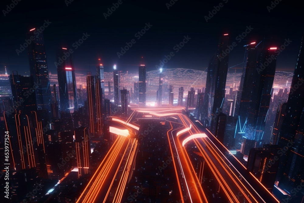A futuristic film scene featuring a cityscape illuminated by neon lights and interconnected skyscrapers through aerial highways. Generative AI