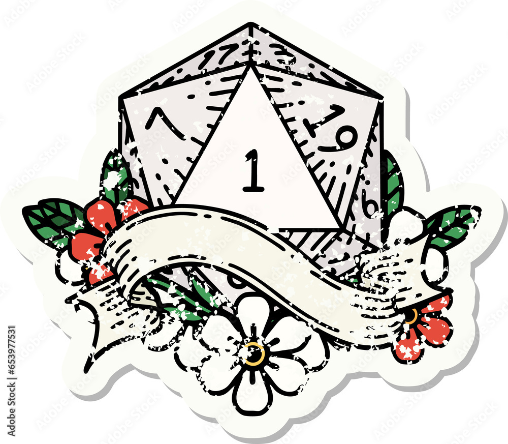grunge sticker of a natural one d20 dice roll grunge sticker of a natural one d20 dice roll