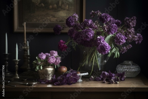 A table with a vase filled with purple flowers. Generative AI