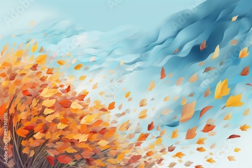 Abstract autumn background with leaves drifting in the wind under a cloudy sky. Ad space available. Generative AI
