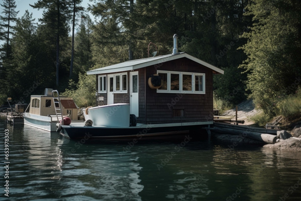 waterfront boat with cabin. Generative AI