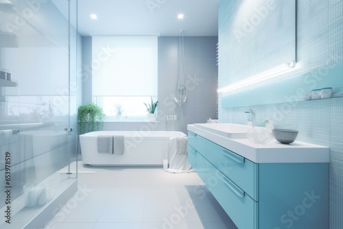Modern  blurred bathroom with white and light-blue tones. Generative AI