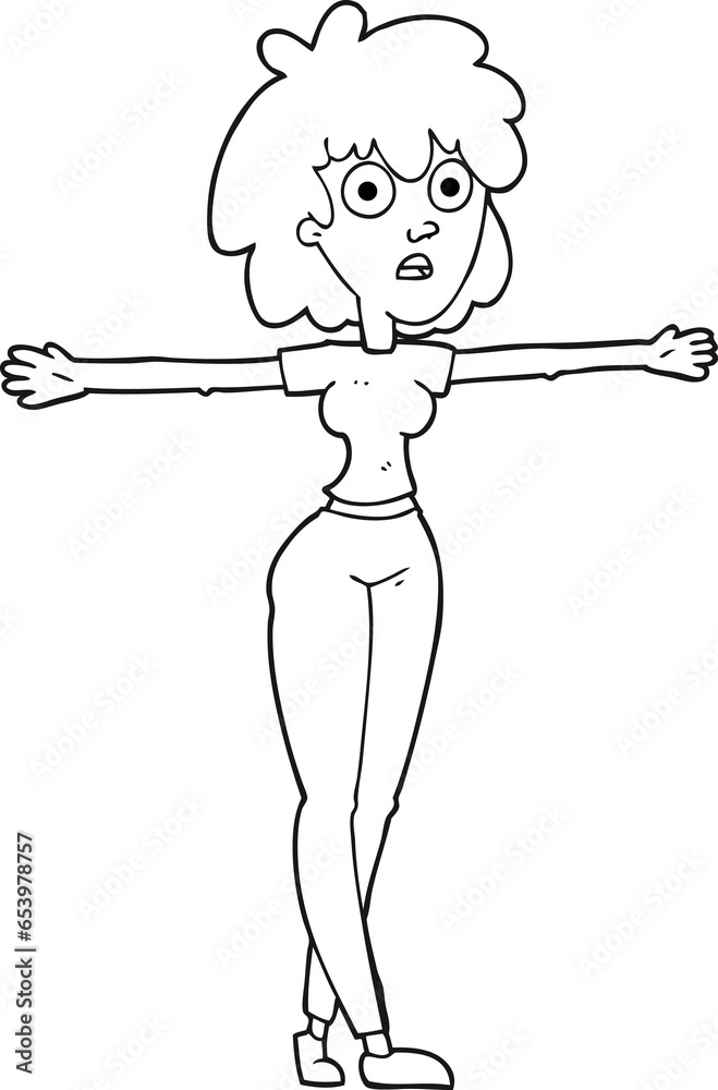 freehand drawn black and white cartoon woman spreading arms freehand drawn black and white cartoon woman spreading arms