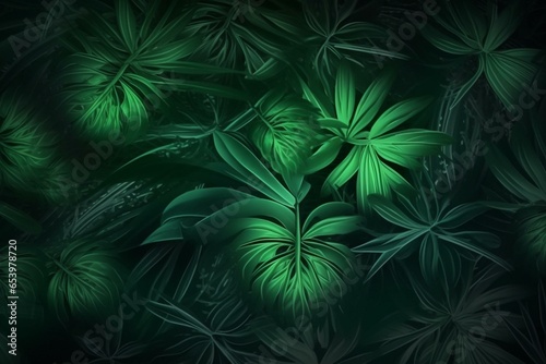 Green textured abstract background with tropical leaf illustration. Generative AI
