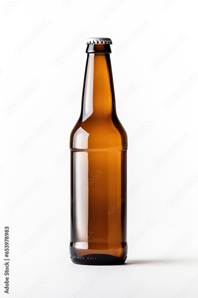 Brown beer bottle with metal lid on white background
