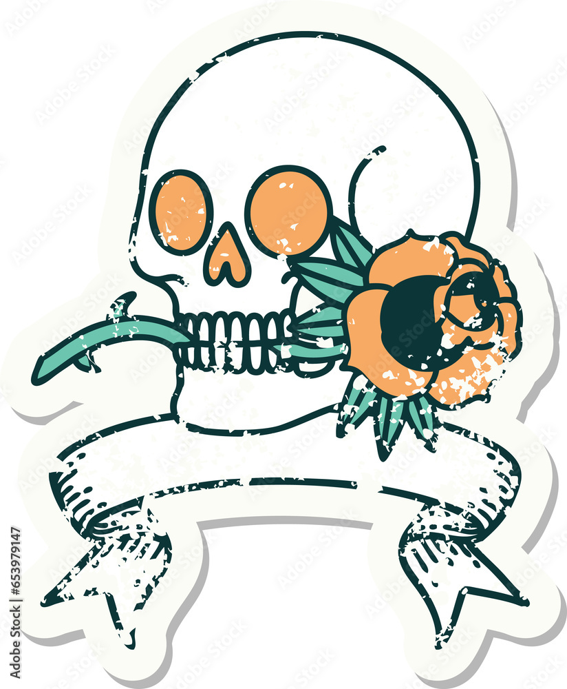 worn old sticker with banner of a skull and rose worn old sticker with banner of a skull and rose