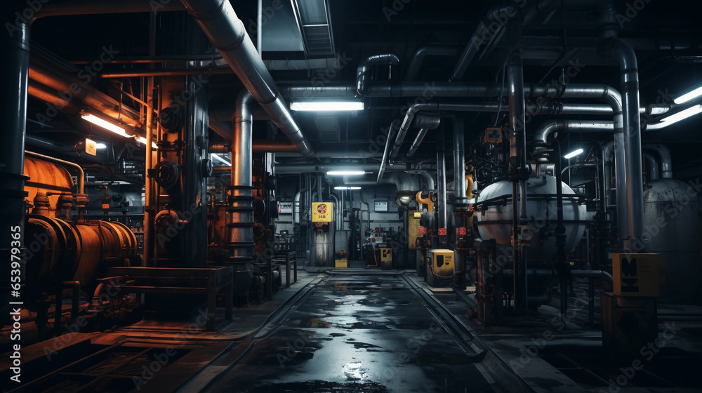 Industrial zone pipelines and pipes indoors. Engine Room in a ship. Inside a dark factory. Dark background steel, lights gas tanks.