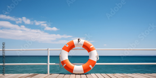 Close up of red lifebuoy on wooden pier stock photo,,,,,,,,
Safety Equipment: Red Lifebuoy on Pier
 photo