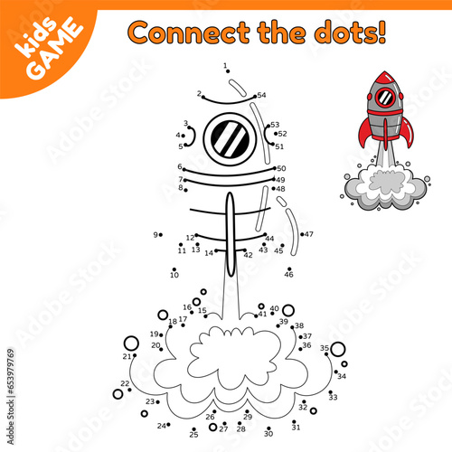 Dot to dot game for children. Connect the dots by numbers and draw a cartoon space rocket launch. Spaceship takes off. Educational puzzle for preschool and school kids. Vector illustration spacecraft.
