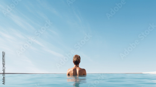 Man At Luxury Resort On Romantic Summer Vacation. People Relaxing Edge Swimming Pool Water  Enjoying Beautiful Sea View.