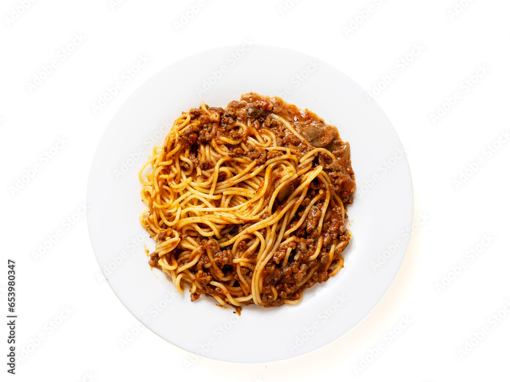 Portion of high quality spaghetti Bolognese on white plate and white background. Premium quality dish made with fine products. Portion of high quality spaghetti Bolognese on white plate and white background. Premium quality dish made with fine products.