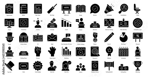 Elections Glyph Icons Political Voting Politics Icon Set 50 Vector Icons in Black, Editable Stokes