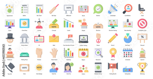 Elections Flat Icons Political Voting Politics Icon Set 50 Vector Icons, Editable Stokes
