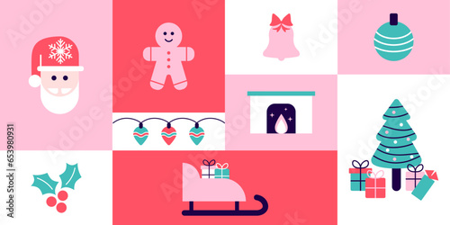 Illustration de Noël. Modèle d'éléments et d'icônes vectoriels de la fête de noël, père Noël, feuille de houx, sapin, cloche, traineau, cheminée, pain d'épice, guirlande, carte de vœux. Bannière