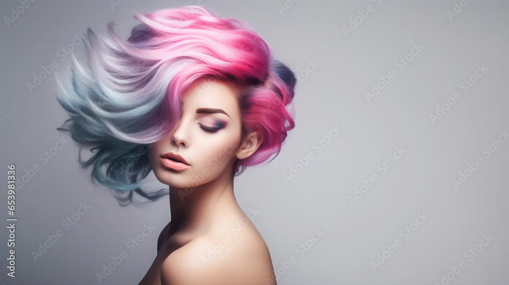 woman with wild wavy colorful pink and blue hair