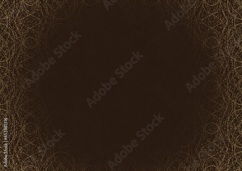Dark brown textured paper with vignette of golden hand-drawn pattern with golden glittery splatter. Copy space. Digital artwork, A4. (pattern: p10-2c)