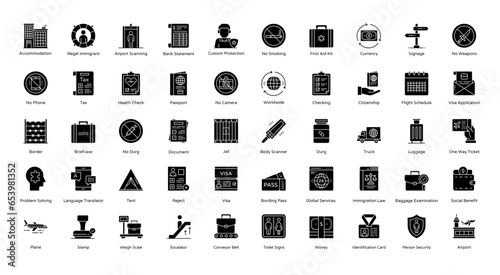 Immigration Glyph Icons Citizenship Migration Visa Iconset 50 Vector Icons in Black, Editable Stokes