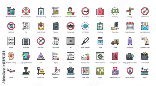 Immigration Colored Outline Icons Citizenship Migration Visa Iconset 50 Vector Icons, Editable Stokes