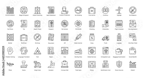 Immigration Outline Icons Citizenship Migration Visa Iconset 50 Vector Icons in Black, Editable Stokes