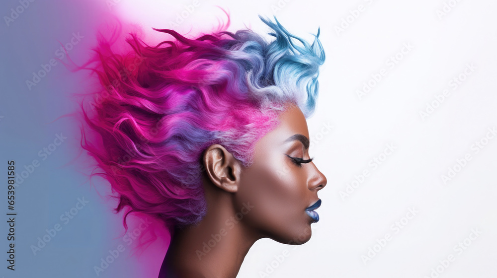 american african woman with wild wavy short colorful pink and blue hair