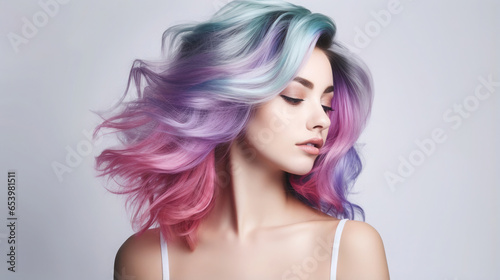 woman with wild wavy colorful pink and blue hair