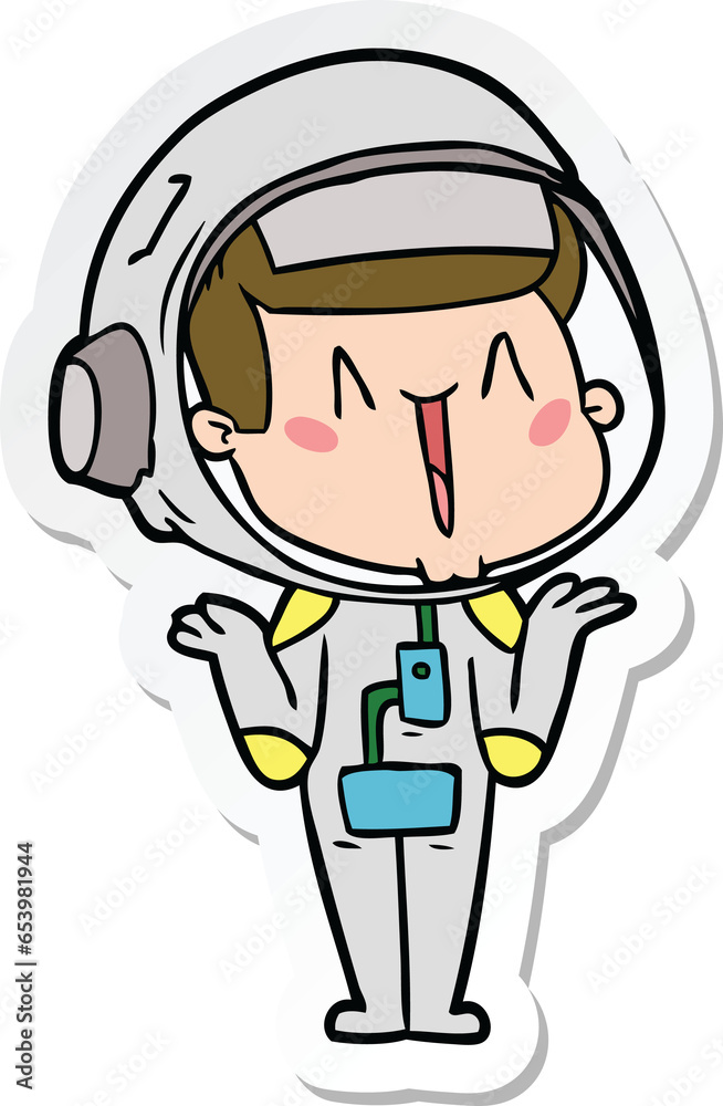 sticker of a happy cartoon astronaut shrugging shoulders