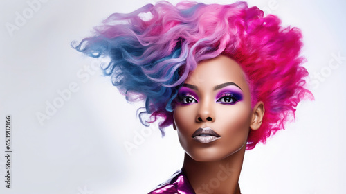 american african woman with wild wavy colorful pink and blue hair