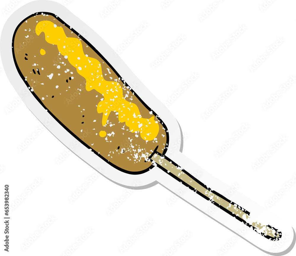 distressed sticker of a cartoon hotdog on a stick