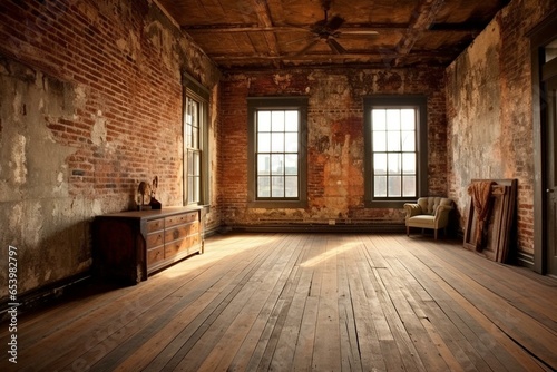 A rustic room with distressed brick wall and hardwood floor. Generative AI