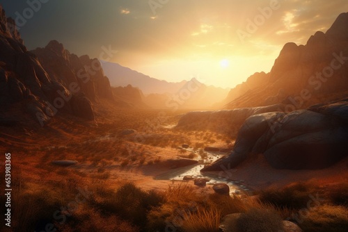 A serene sunrise view in a fantasy canyon, perfect as a wallpaper. Generative AI