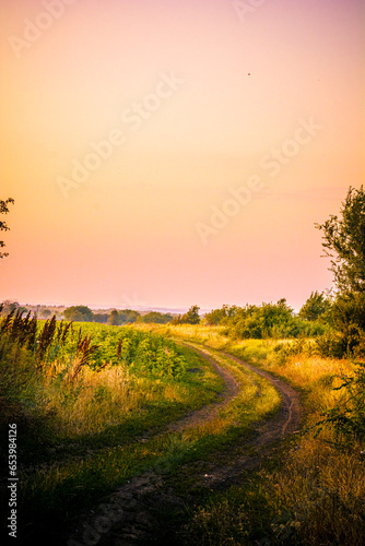 Rural winding road  with yellow grass around and in the center  with a green field on the left  against a backdrop of a bright warm sunset sky.