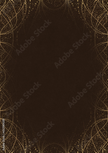 Dark brown textured paper with vignette of golden hand-drawn pattern with golden glittery splatter. Copy space. Digital artwork, A4. (pattern: p10-2d)