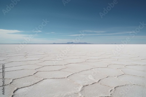 the desolate emptiness of a salt flat, stretching towards a blurry horizon where it connects with the ocean. Generative AI