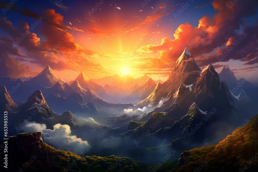 Evening sky with sun, clouds, mountains, and nature. Generative AI