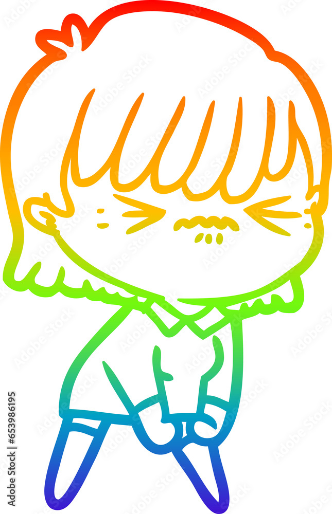 Fototapeta premium rainbow gradient line drawing of a annoyed cartoon girl