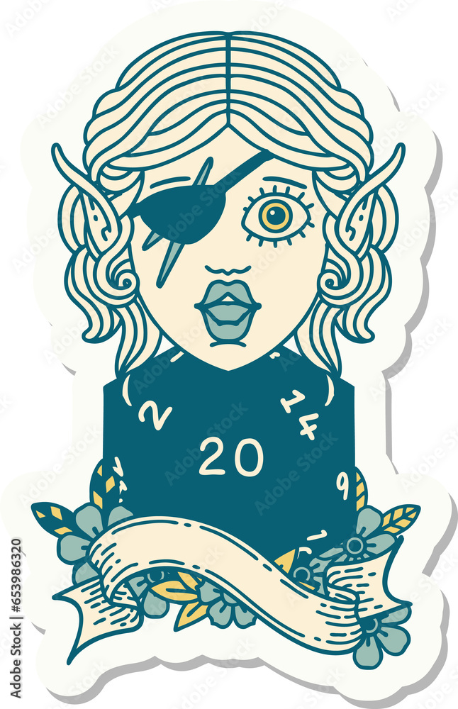 sticker of a elf rogue with natural twenty dice roll sticker of a elf rogue with natural twenty dice roll