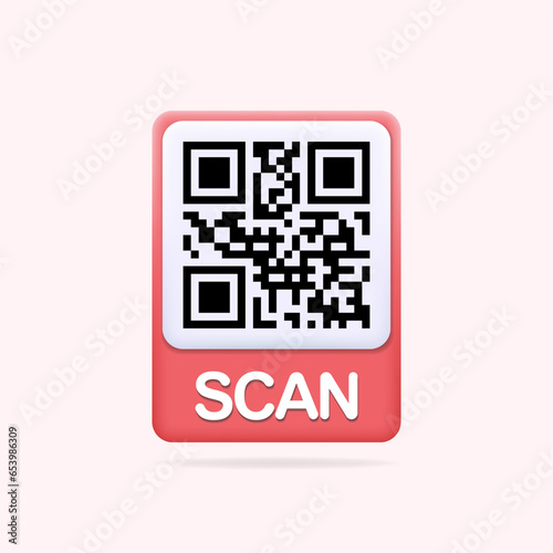 Qr code with scan text. 3d button for app, commerce, information online payment, shopping, web promotion and marketing concept. Qr code label template for websites. Isolated vector illustration