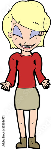 cartoon happy woman shrugging shoulders