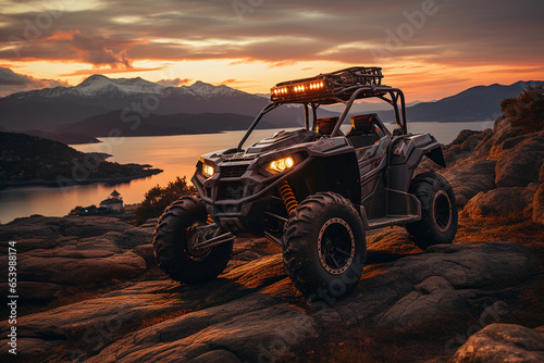 2 ATV on a mountain at sunset overlooking the ocean © Vincent
