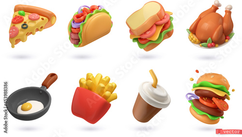 Fast food 3d cartoon vector icon set