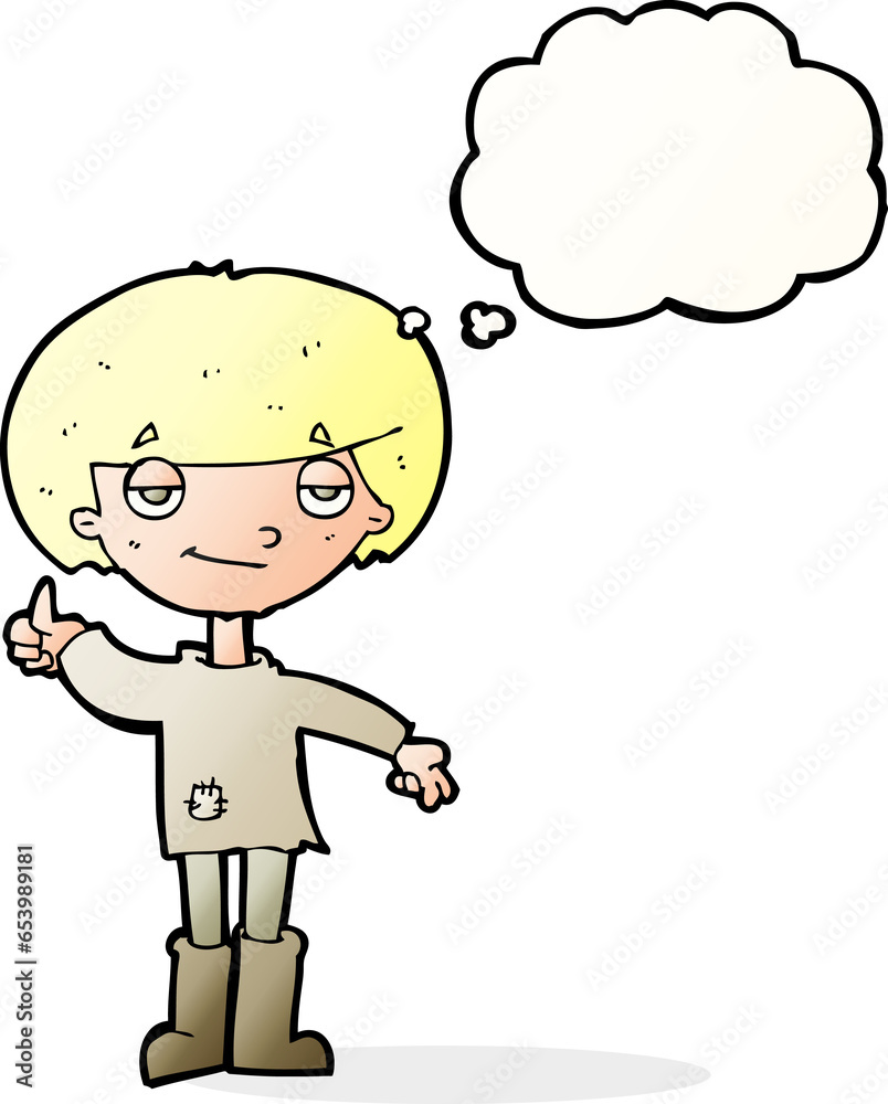 cartoon boy in poor clothing giving thumbs up symbol with thought bubble cartoon boy in poor clothing giving thumbs up symbol with thought bubble