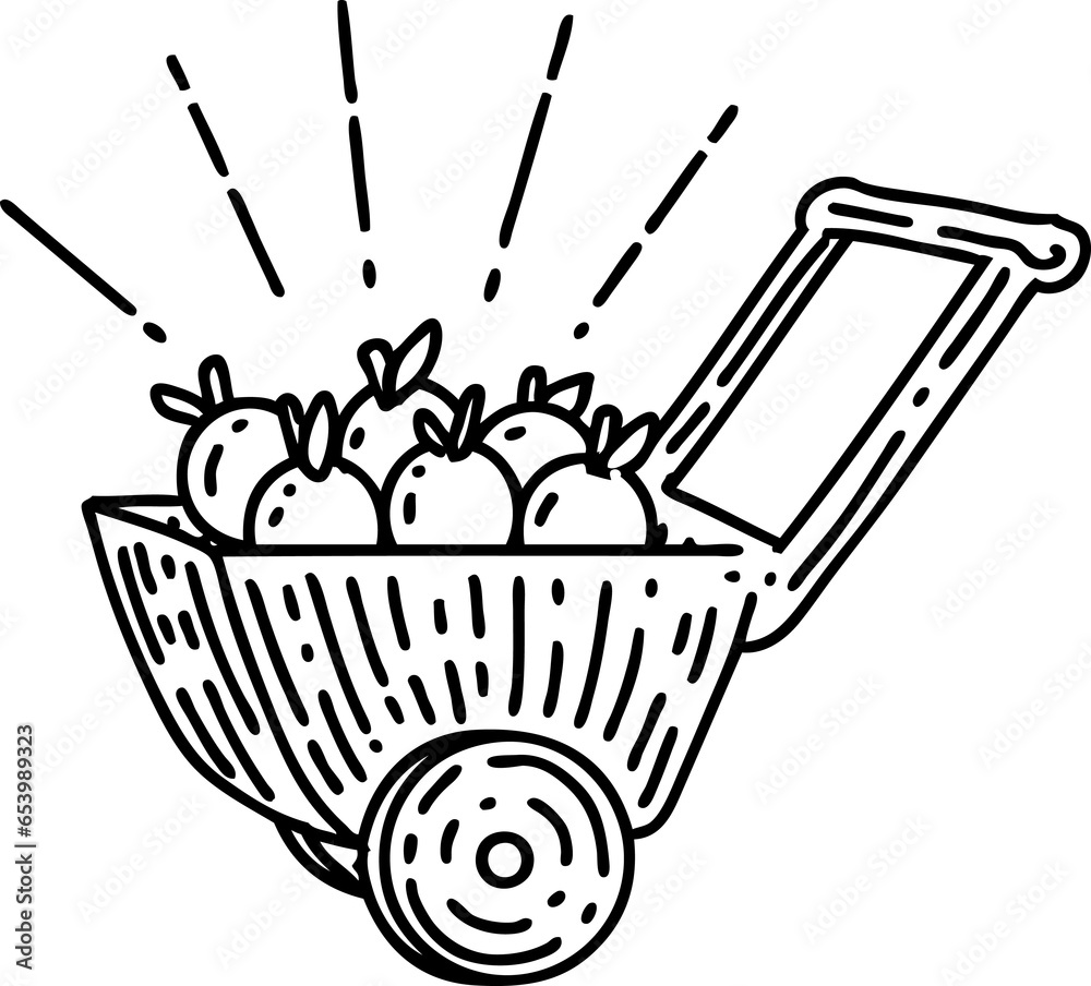 illustration of a traditional black line work tattoo style wagon of apples
