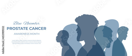Blue November. Prostate cancer awareness month.Vector illustration with silhouettes of men and space for text.
