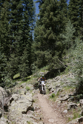 Female dirt bikers on single track trail in forest in Colorado in summer