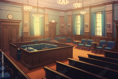 View inside a legal proceedings room where jurors  judge  and parties involved are situated. Generative AI