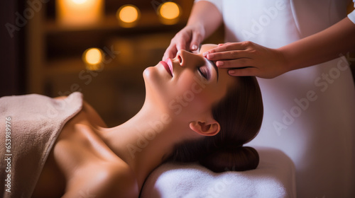 Generative AI  young woman lies on a massage table for a spa procedure in a beauty salon  rejuvenation  massage therapist  skin care  hands  harmony  face  hydration  oils  women s health  female