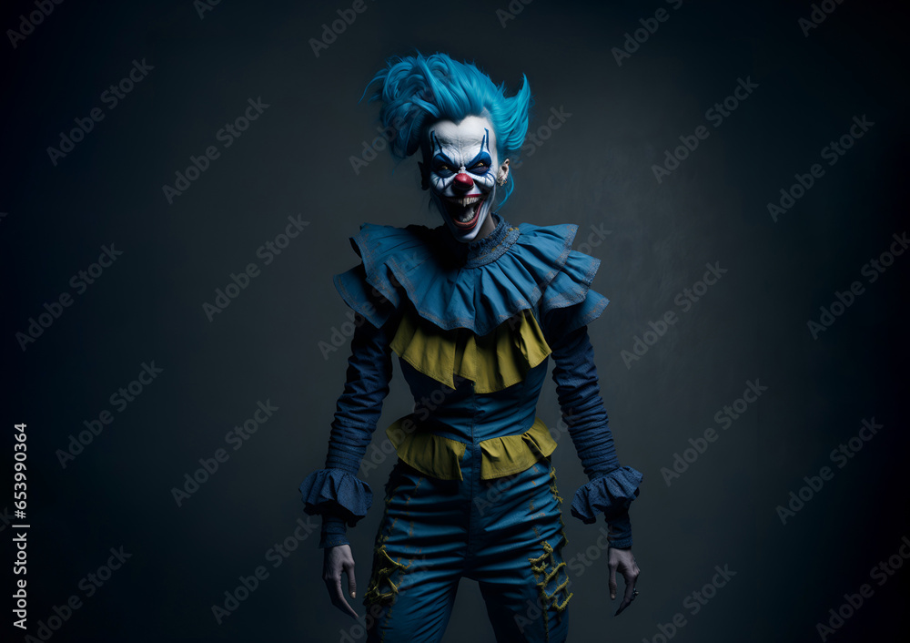 Portrait of a creepy scary female clown with sharp teeth Portrait of a creepy scary female clown with sharp teeth