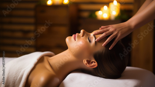 Generative AI, young woman lies on a massage table for a spa procedure in a beauty salon, rejuvenation, massage therapist, skin care, hands, harmony, face, hydration, oils, women's health, female