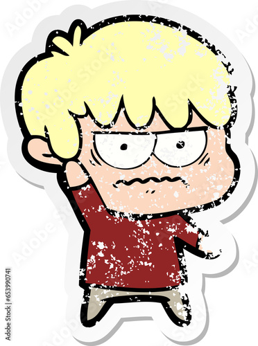 distressed sticker of a annoyed cartoon boy